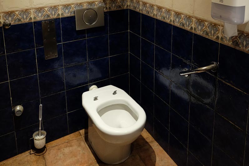 Lavatory in the adapted toilet with a fixed support rail on the left-hand side.  