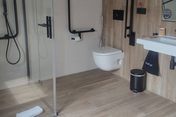 Wash-hand basin, toilet bowl and floor-level shower in the adapted room with support bars for the shower and the toilet bowl.