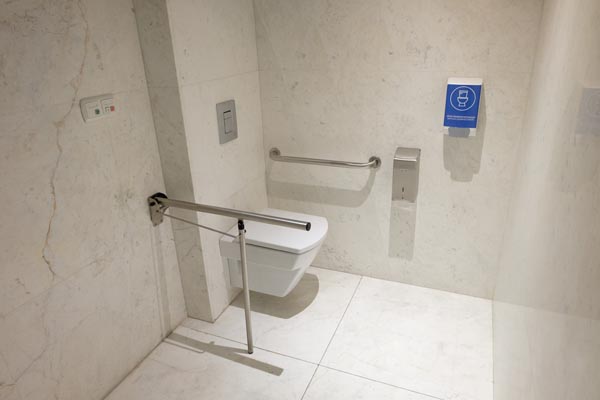 Support rails on either side of the lavatory in the adapted toilet in the breakfast area.