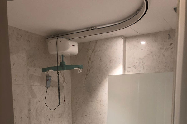 Electric hoist above the adapted lavatory with a rail on the left-hand side. 