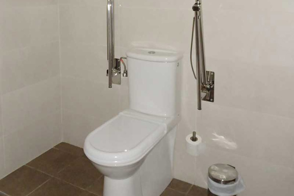 Lavatory with moveable support rail on both sides of the toilet in the adapted room.