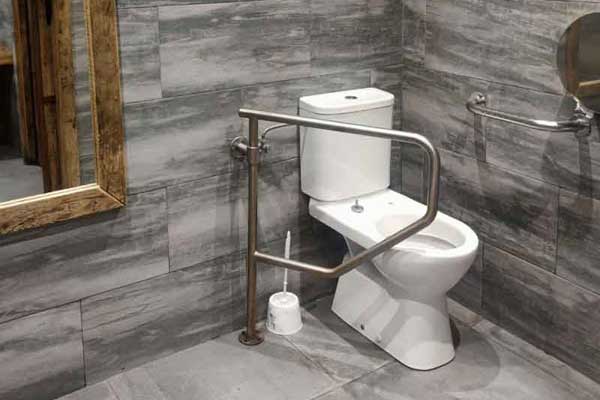Toilettes avec une barre fixe et une barre rabattable dans les toilettes adaptées