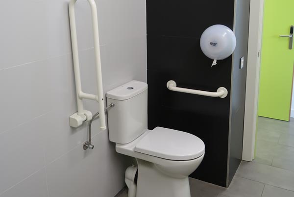 Support rails on either side of the lavatory in the adapted toilet. 