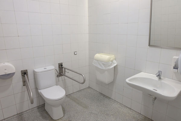 Intérieur des toilettes adaptées. WC avec mains courantes escamotables des deux côtés et lavabo au fond